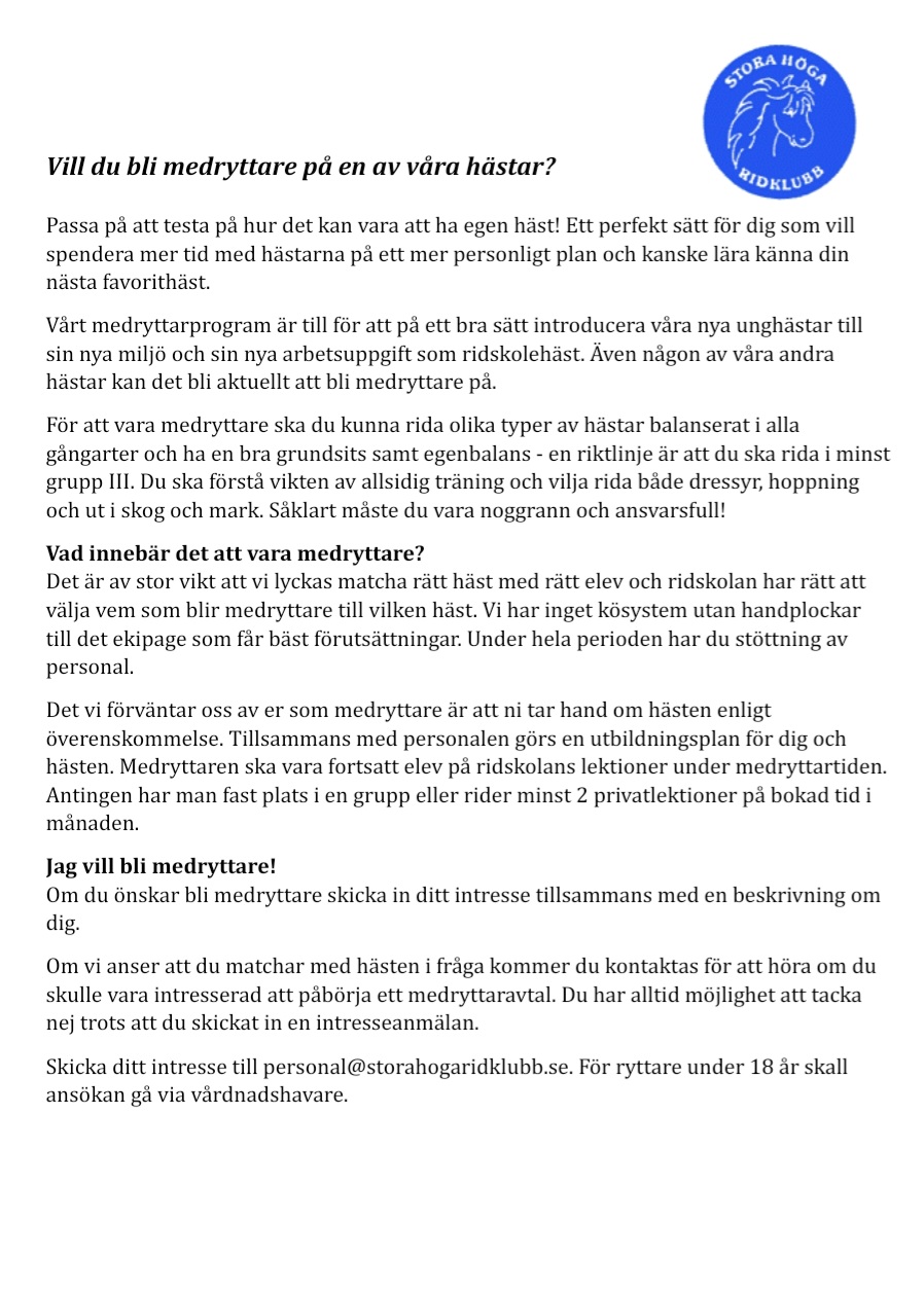 Vill du bli medryttare på en av våra hästar?